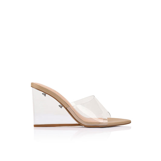 Suzy Wedge in Lucite & Beige Leather