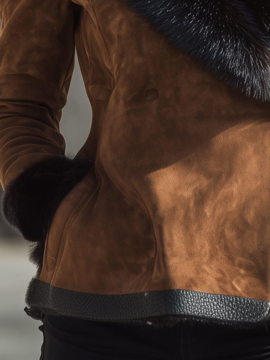 Brown Faux Fur Trim Skirt Jacket