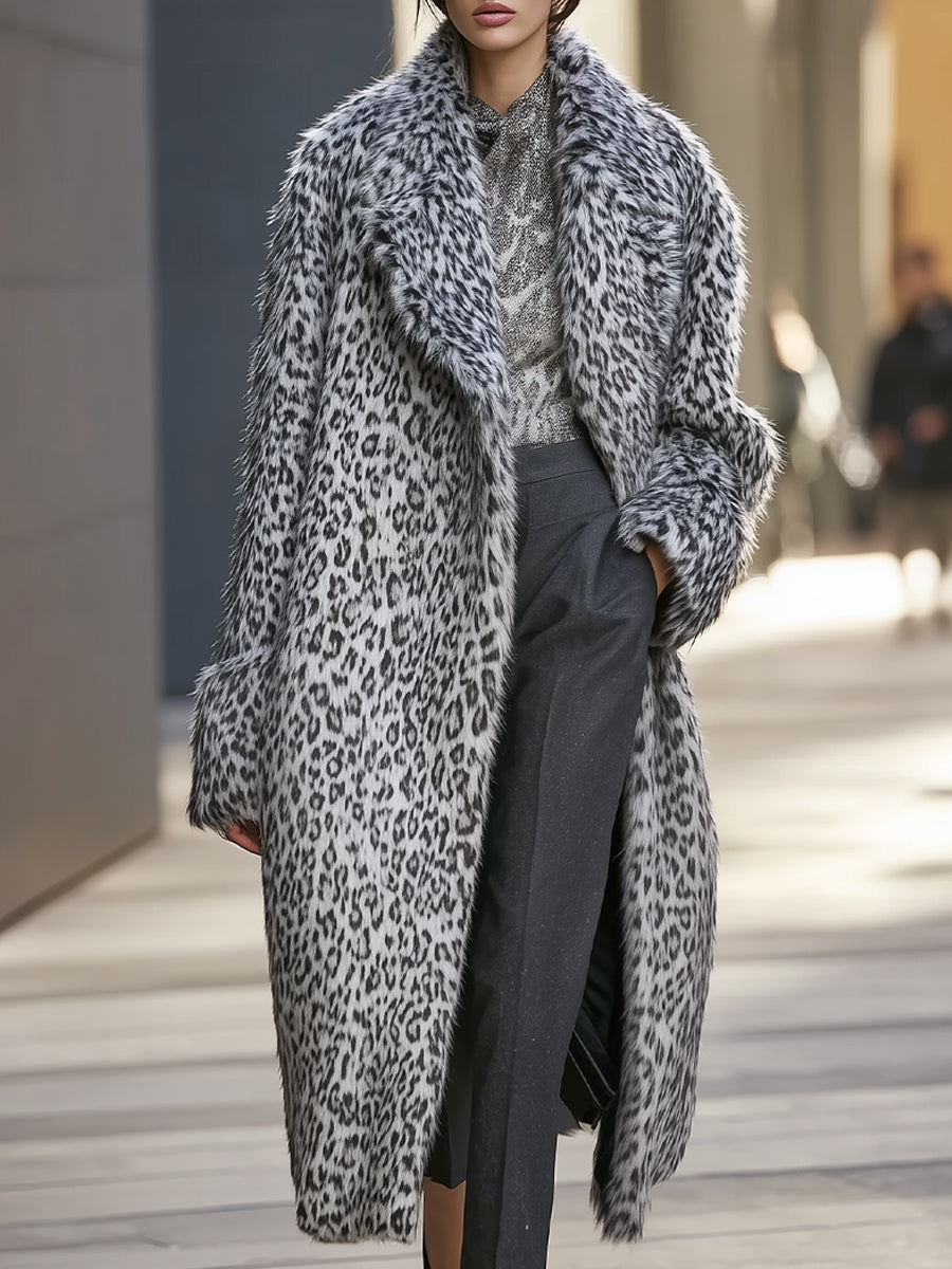 Stylish Oversized Faux Fur Coat with Leopard Print