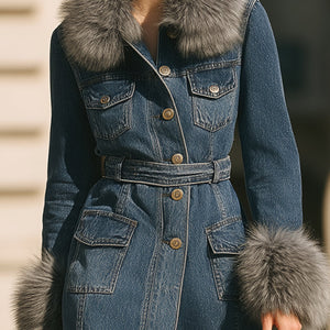 Denim Trench Kaput s Ovratnikom i Lažnofur Manžetama