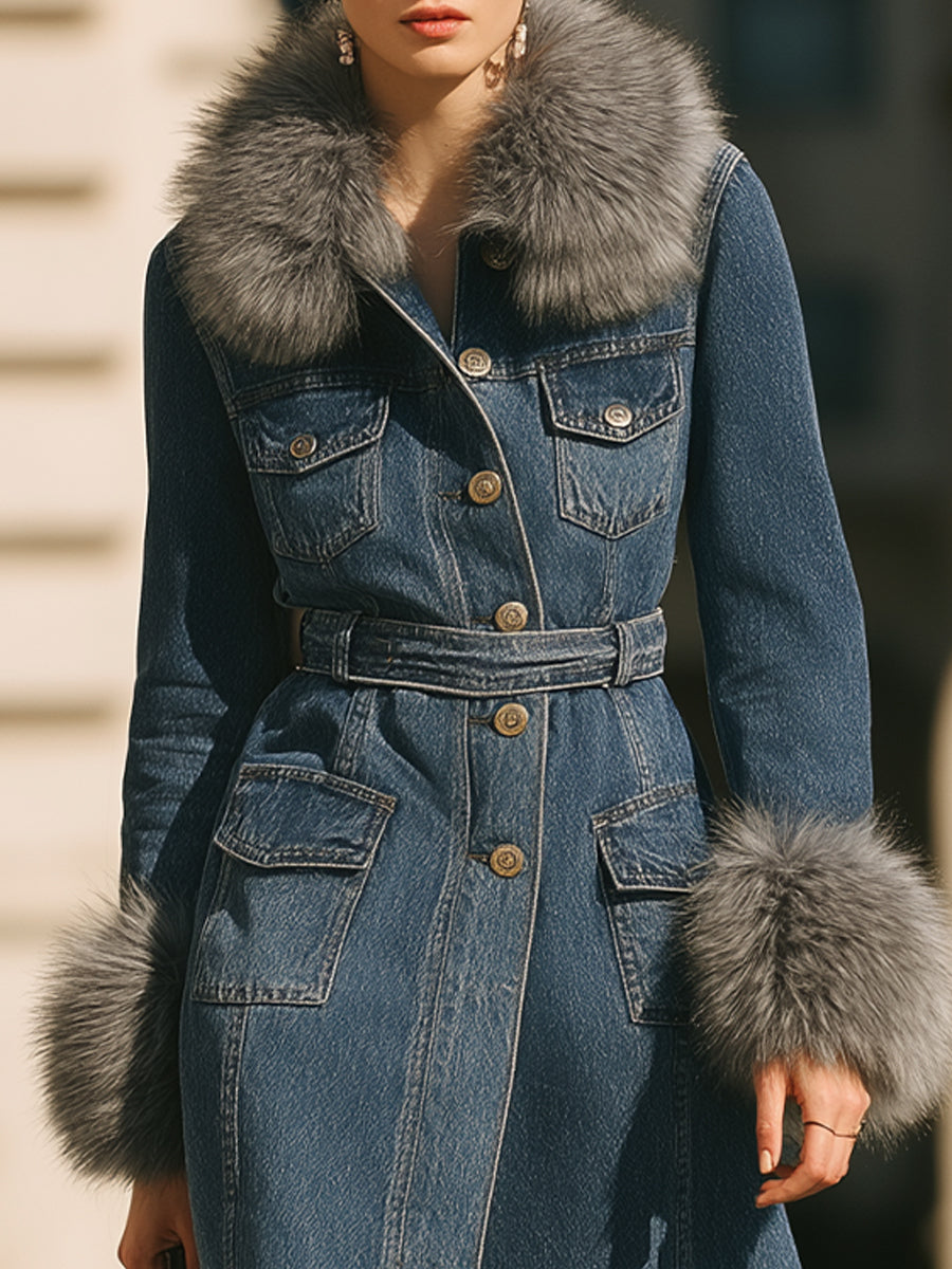 Denim Trench Kaput s Ovratnikom i Lažnofur Manžetama