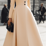 Krémové dlouhé kabátové šaty s elegantním lemem