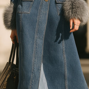 Denim Trench Kaput s Ovratnikom i Lažnofur Manžetama