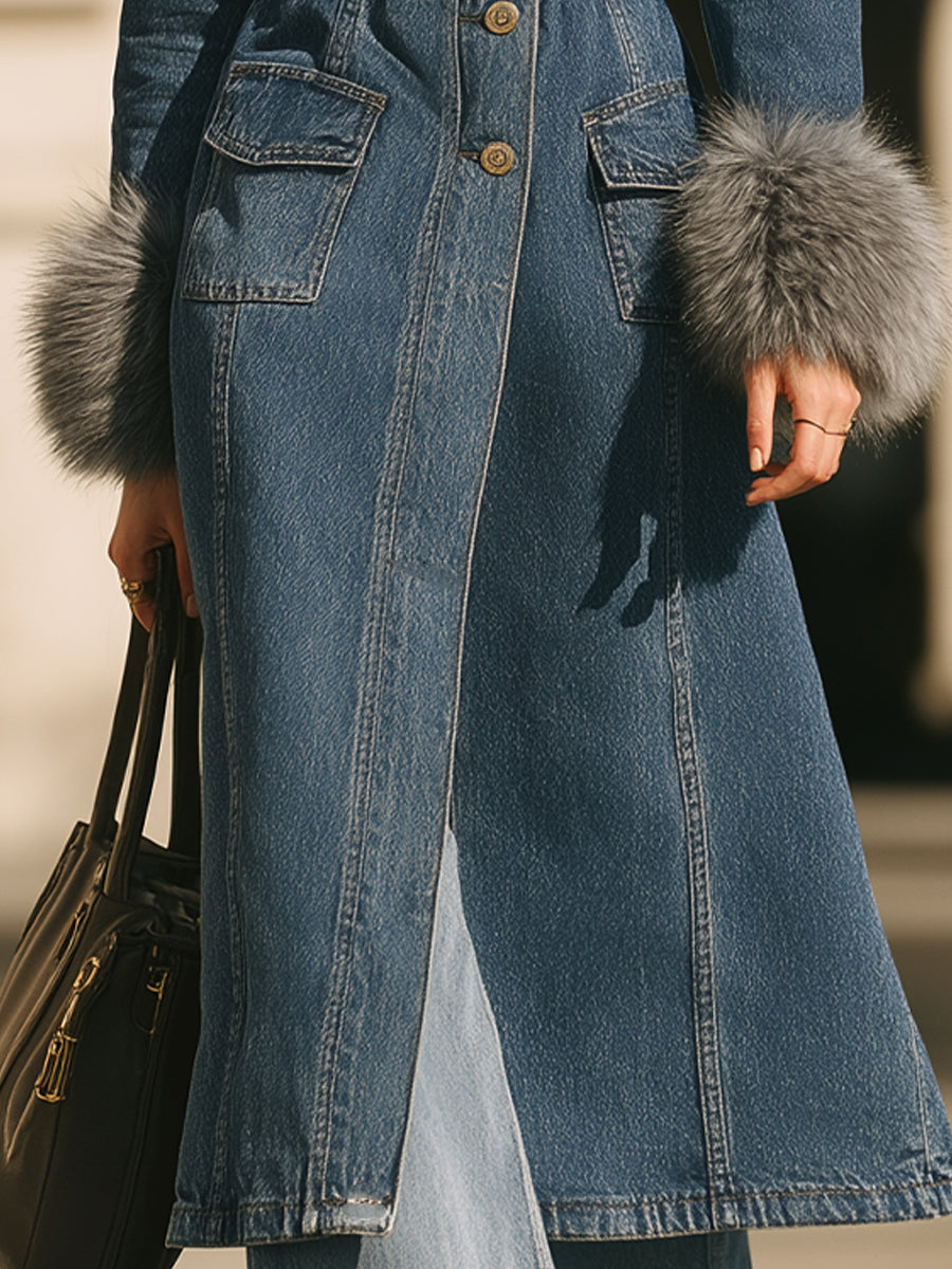 Denim Trench Kaput s Ovratnikom i Lažnofur Manžetama