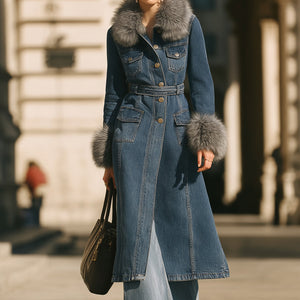 Denim Trench Kaput s Ovratnikom i Lažnofur Manžetama
