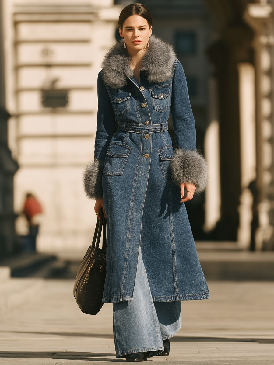 Denim Trench Kaput s Ovratnikom i Lažnofur Manžetama