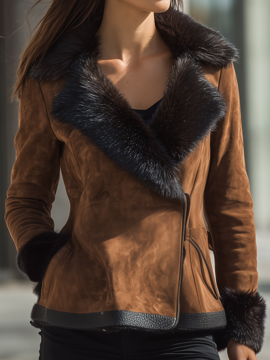 Brown Faux Fur Trim Skirt Jacket