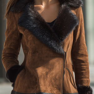 Brown Faux Fur Trim Skirt Jacket