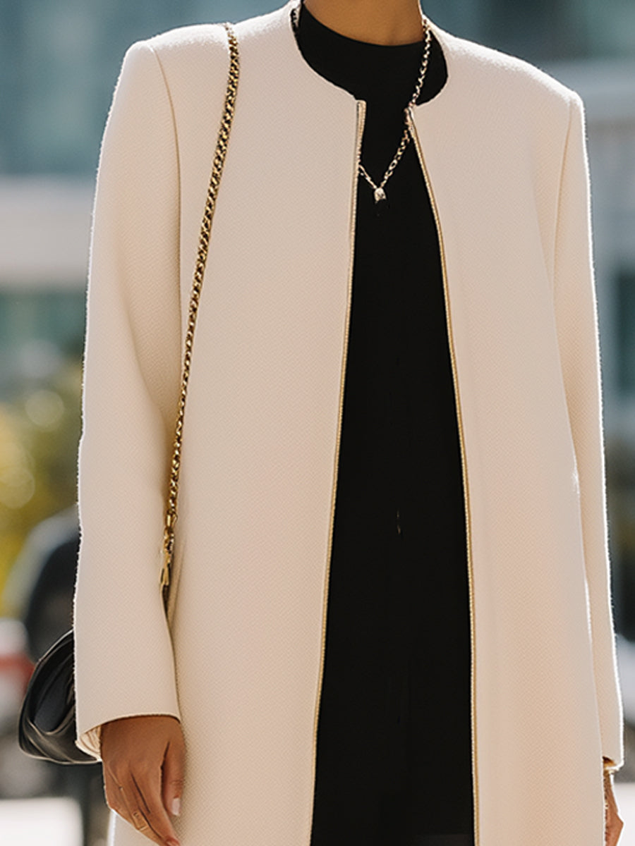 Ivory Zipper-Up Minimalist Long Coat
