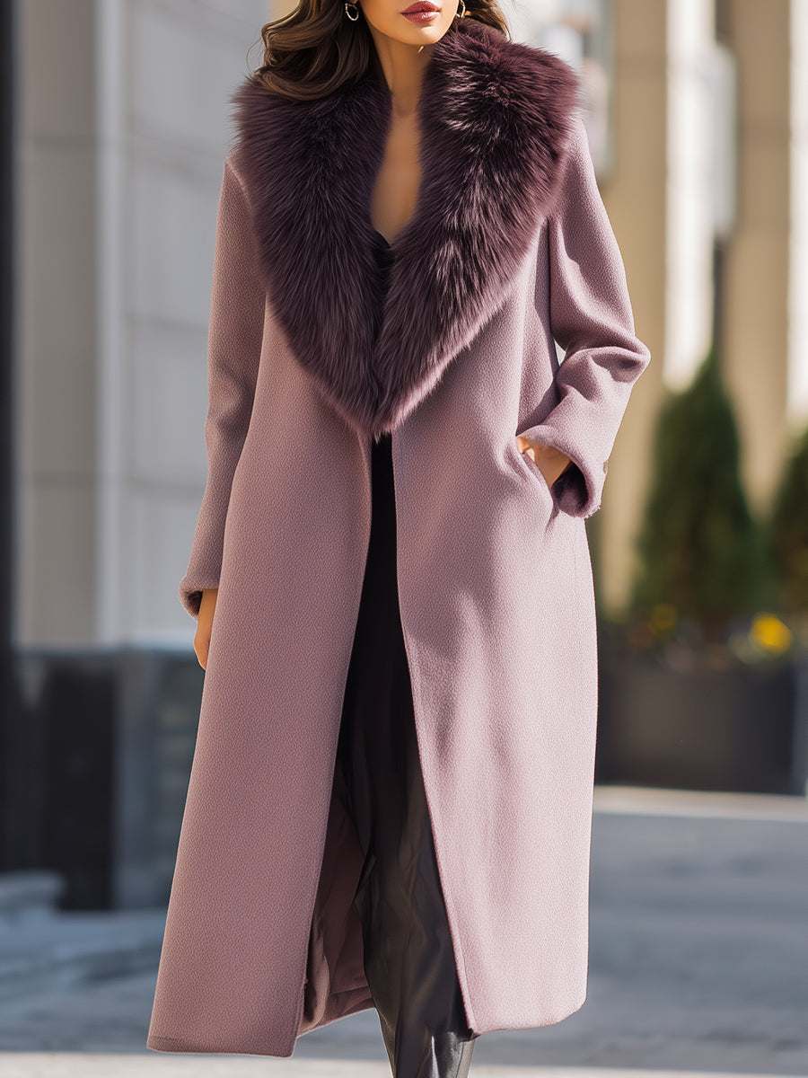 Mauve Vuna Kaput s Velikim Ovratnikom od Lažnog Krzna