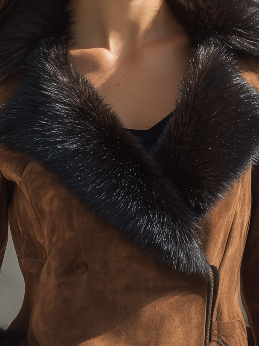 Brown Faux Fur Trim Skirt Jacket