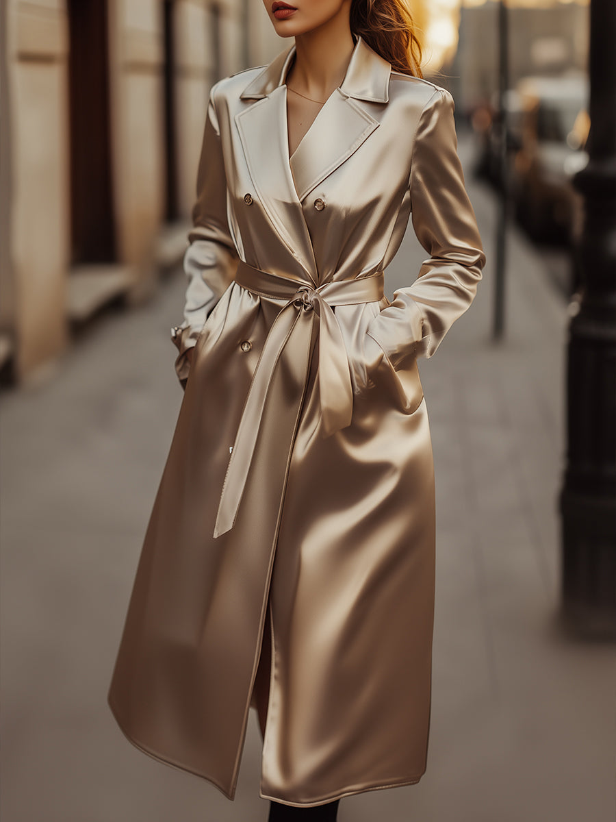 Elegantni Champagne Saten Trench Kaput za Vječni Stil