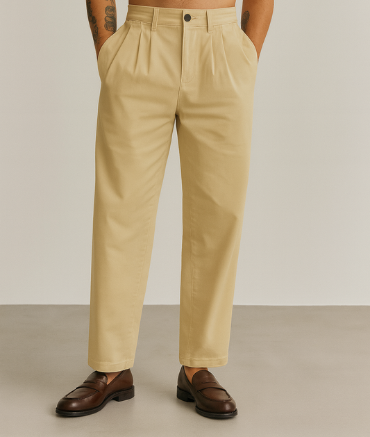 Kaki Ravne Hlače s Pregibima