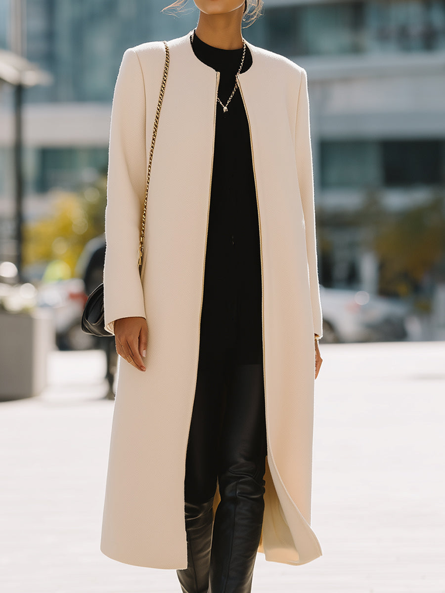 Ivory Zipper-Up Minimalist Long Coat