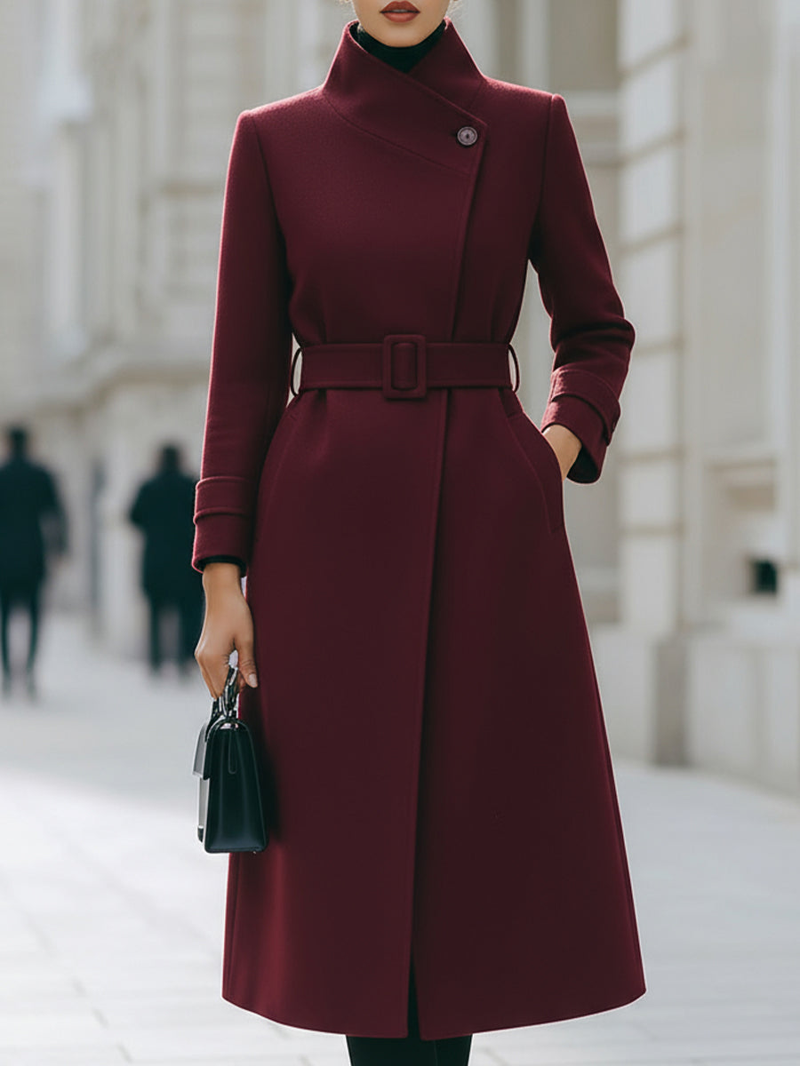 Elegantni Burgundski Vuneni Kaput s Pojasom