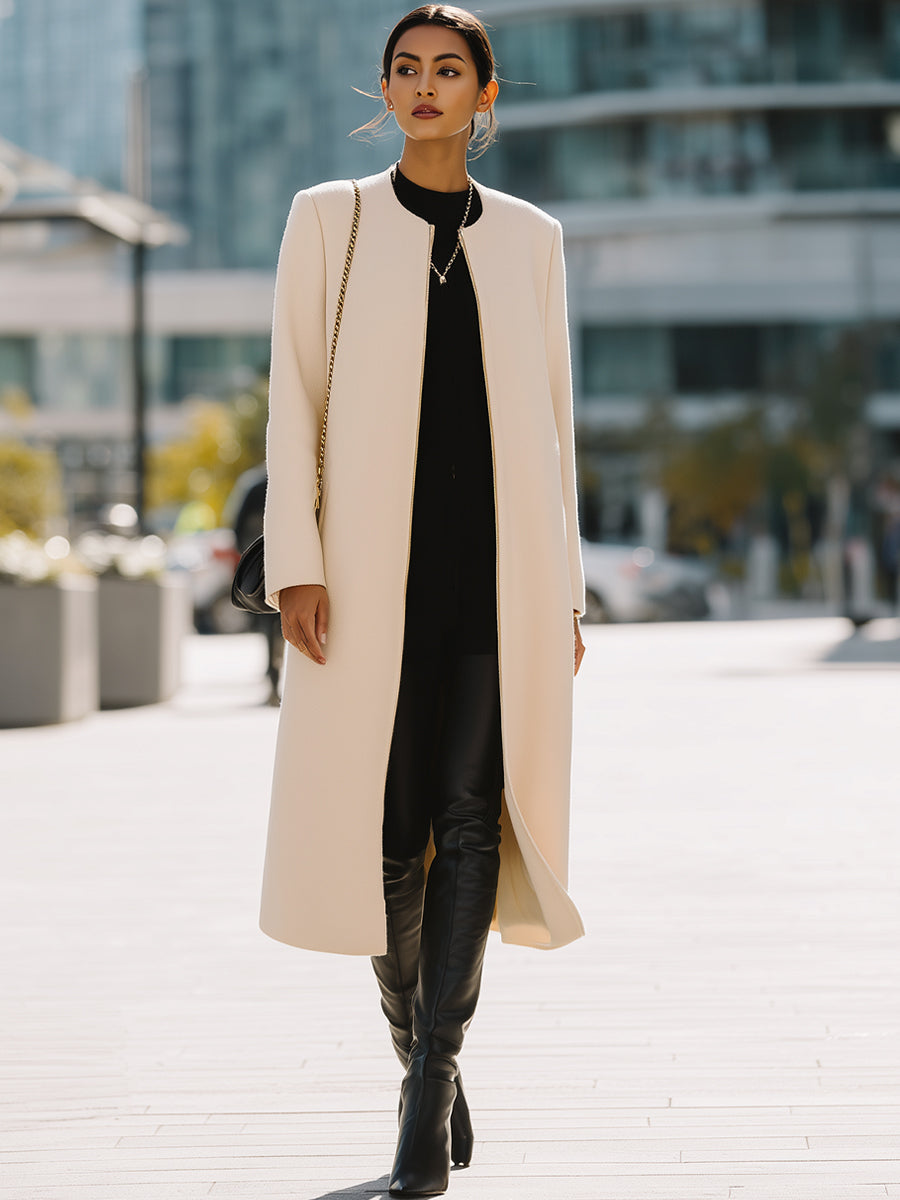 Ivory Zipper-Up Minimalist Long Coat