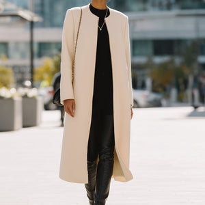 Ivory Zipper-Up Minimalist Long Coat