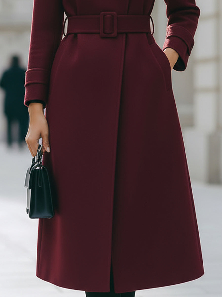 Elegantni Burgundski Vuneni Kaput s Pojasom
