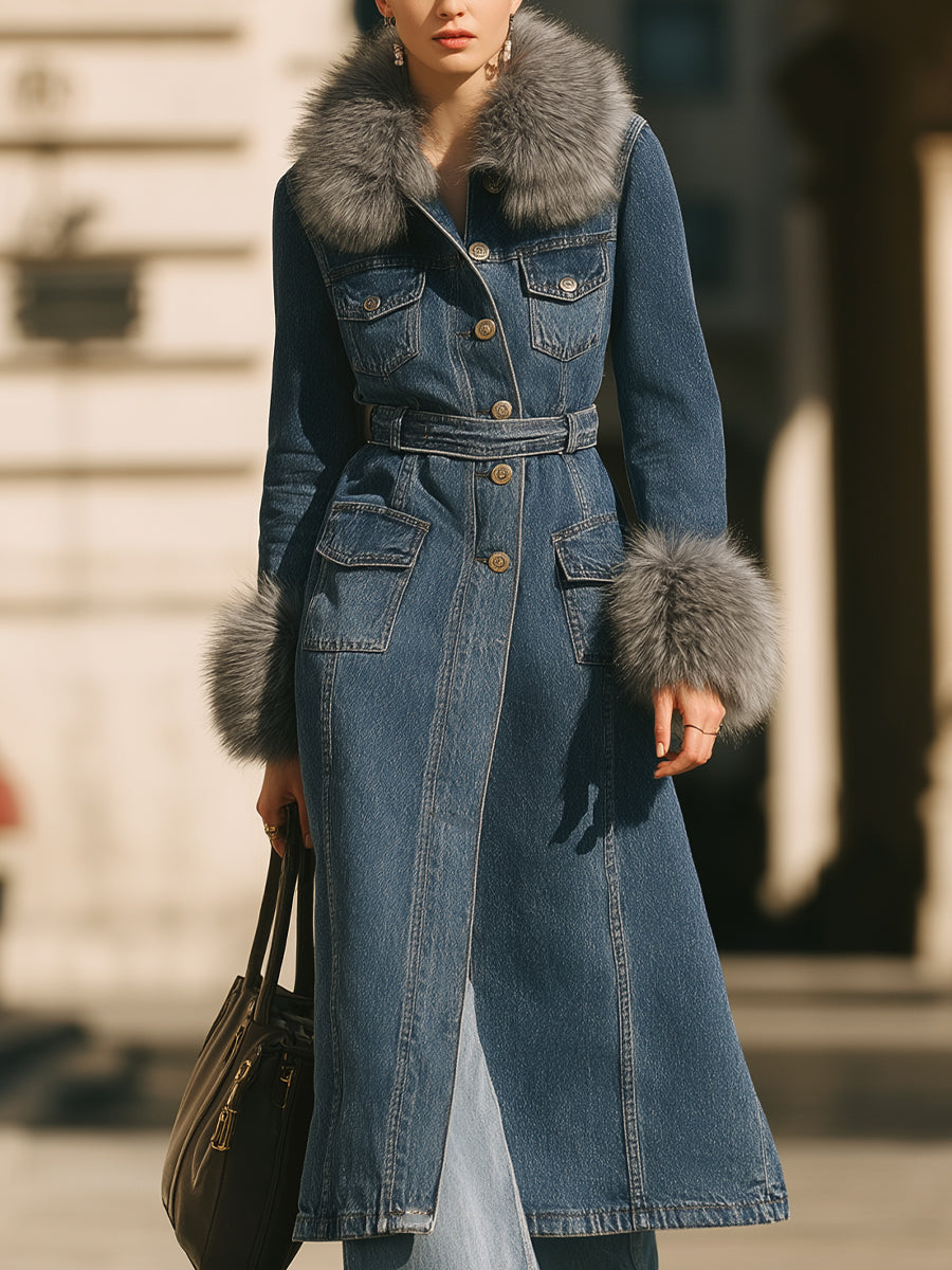 Denim Trench Kaput s Ovratnikom i Lažnofur Manžetama