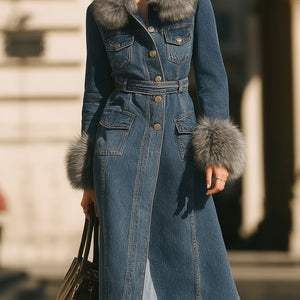 Denim Trench Kaput s Ovratnikom i Lažnofur Manžetama