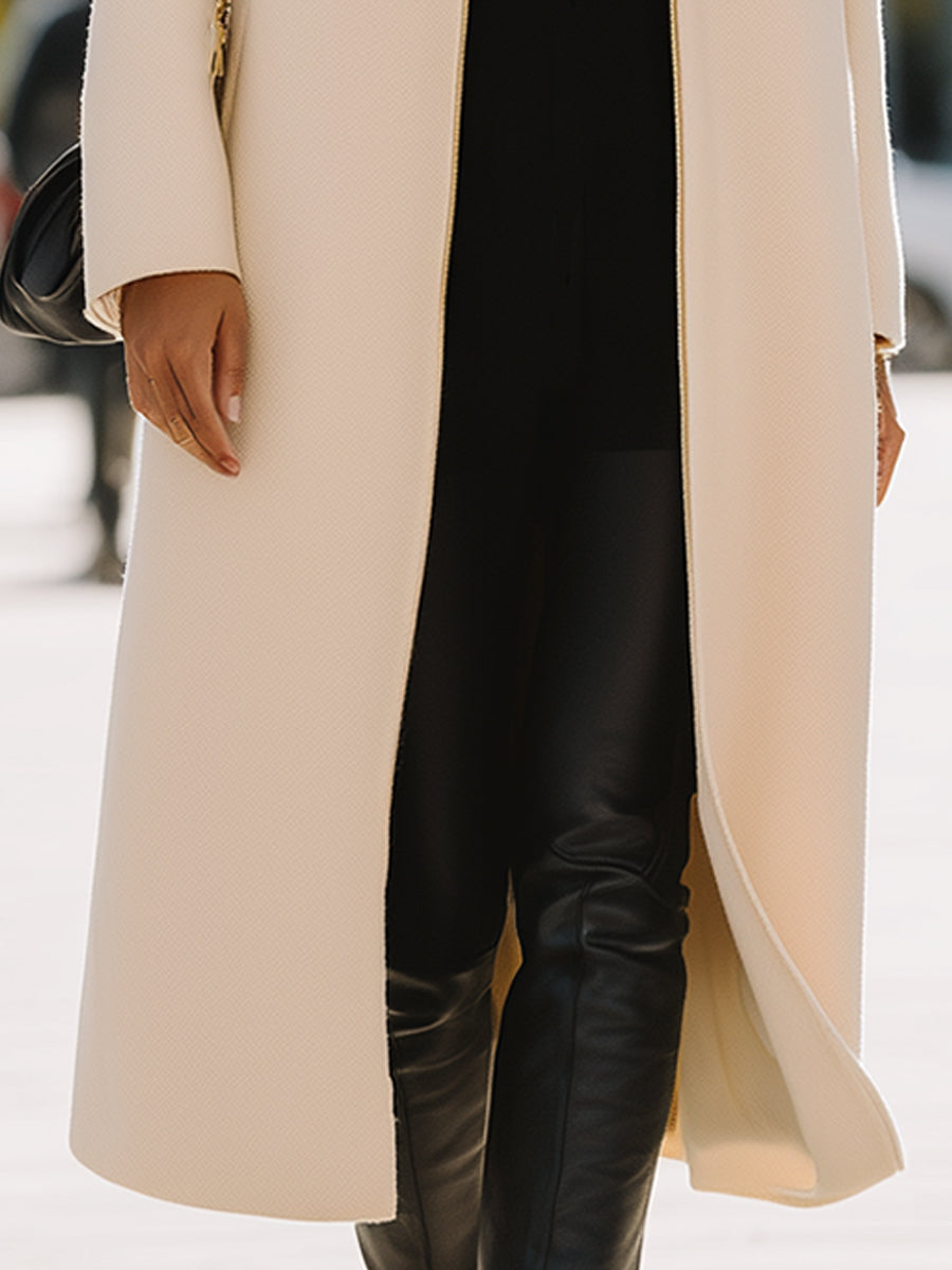 Ivory Zipper-Up Minimalist Long Coat