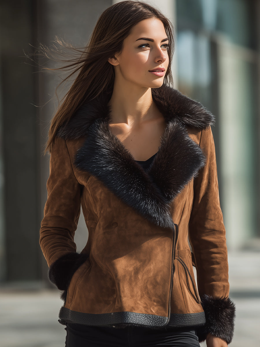 Brown Faux Fur Trim Skirt Jacket