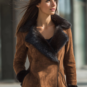 Brown Faux Fur Trim Skirt Jacket