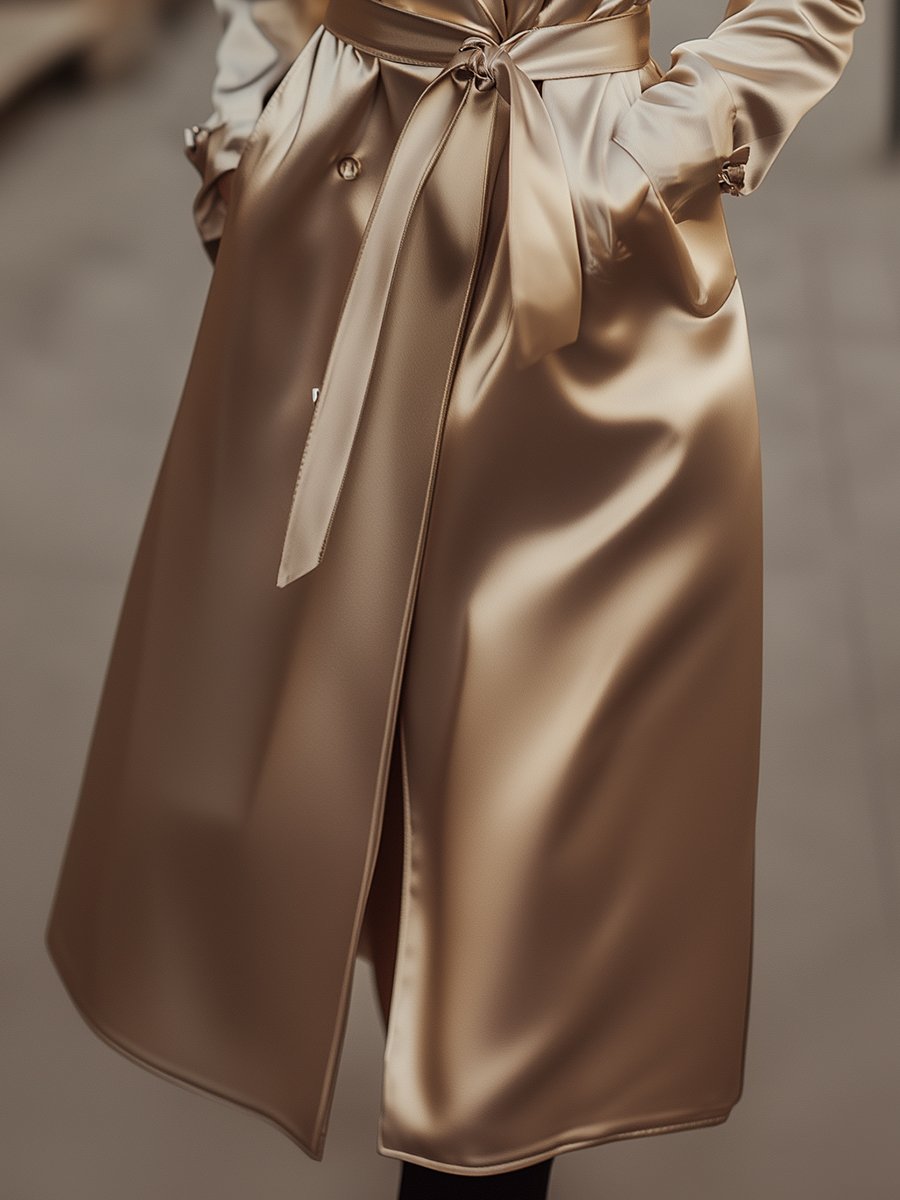 Elegantni Champagne Saten Trench Kaput za Vječni Stil