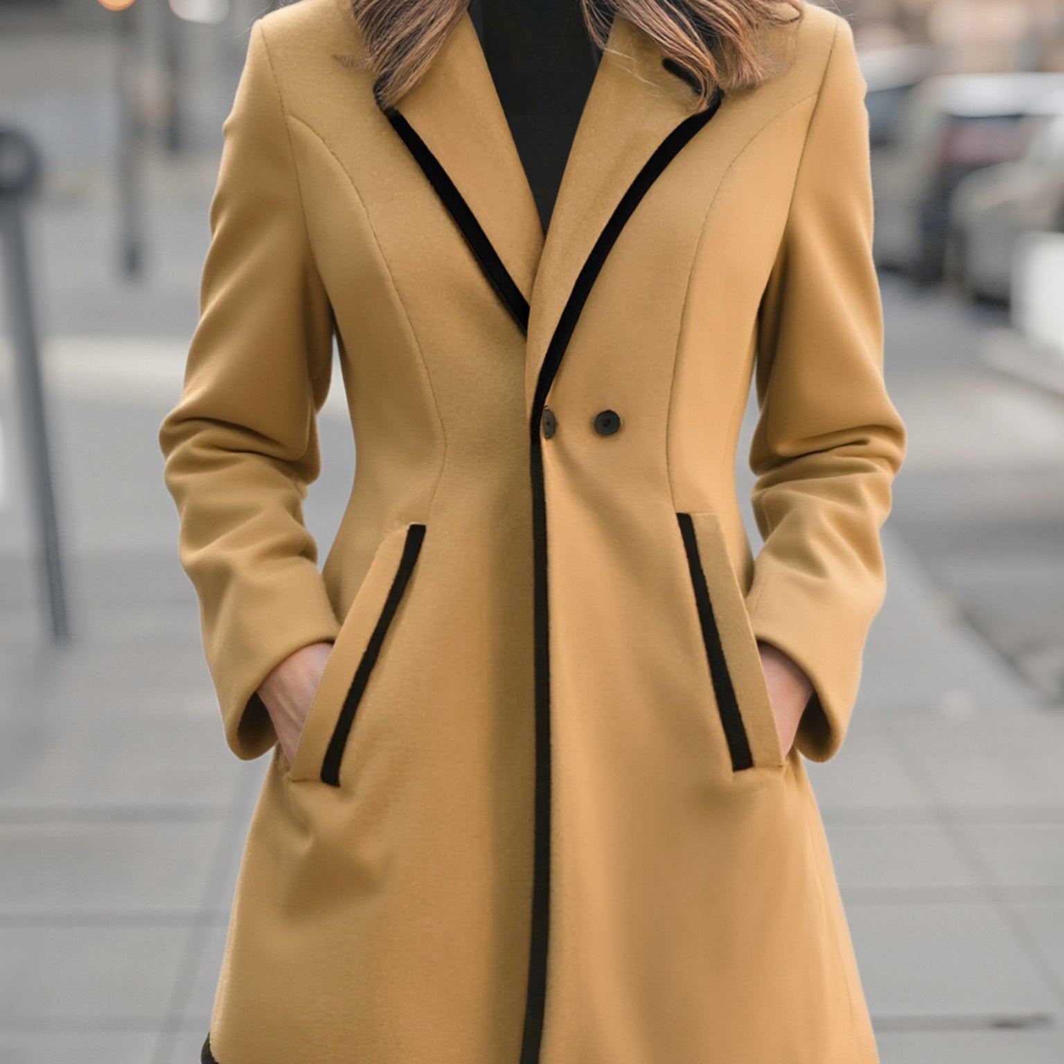 Elegantní bílý dvouřadý kabát s černými detaily