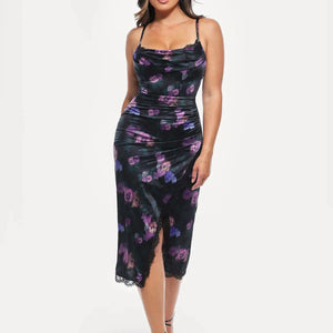 Haljina midi s čipkastim detaljima i cvjetnim uzorkom