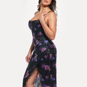 Haljina midi s čipkastim detaljima i cvjetnim uzorkom